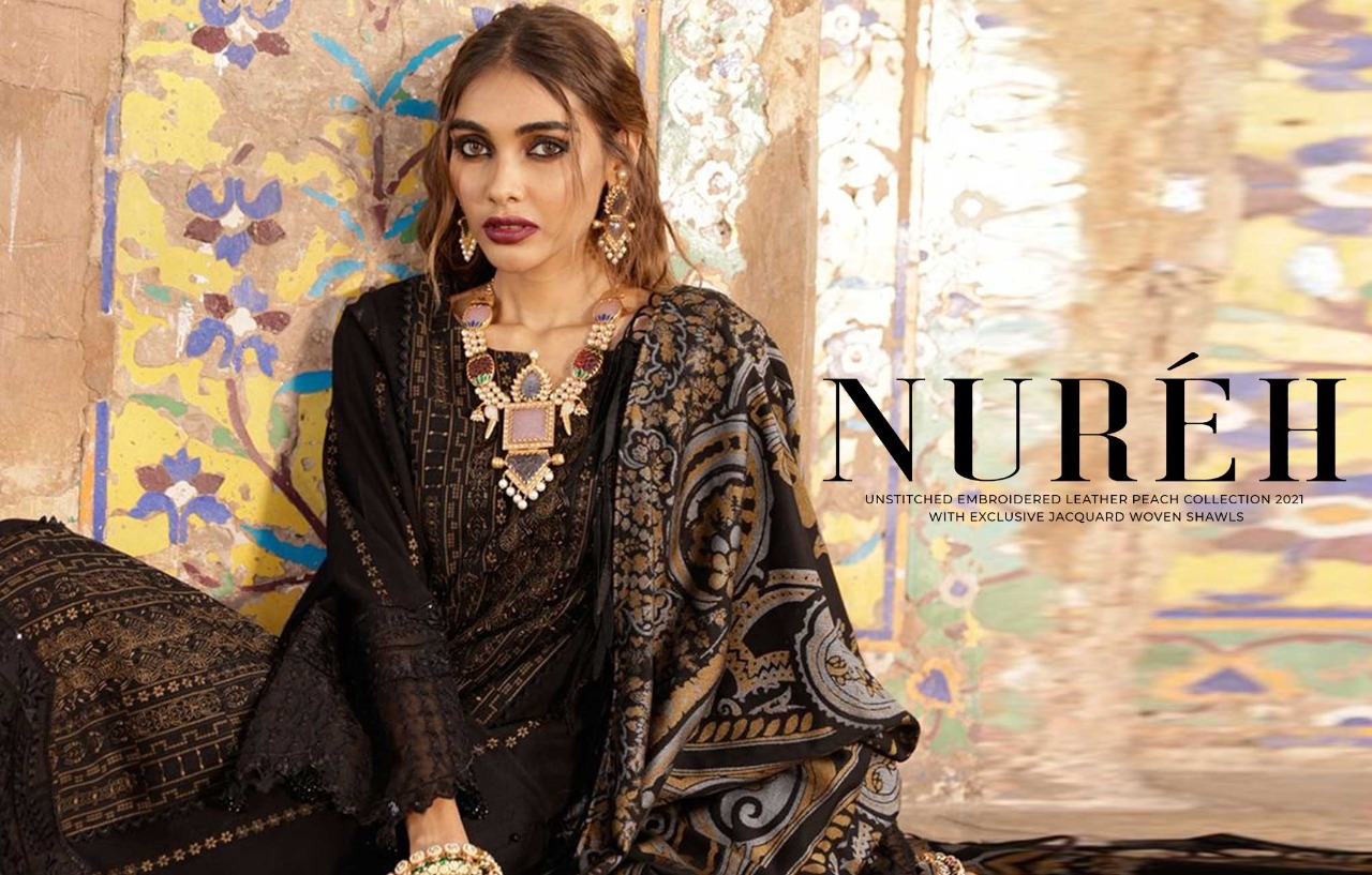 Nureh Unstitched Embroidered Leather Peach Collection 2021 | With Exclusive Jacquard Woven Shawls